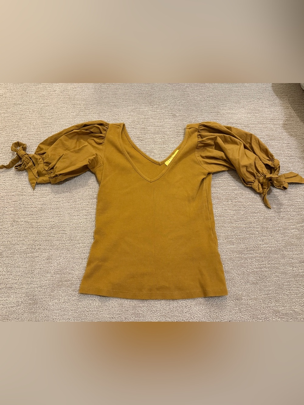 Maeve Mustard V-Neck Puff Sleeve Long Sleeve Top